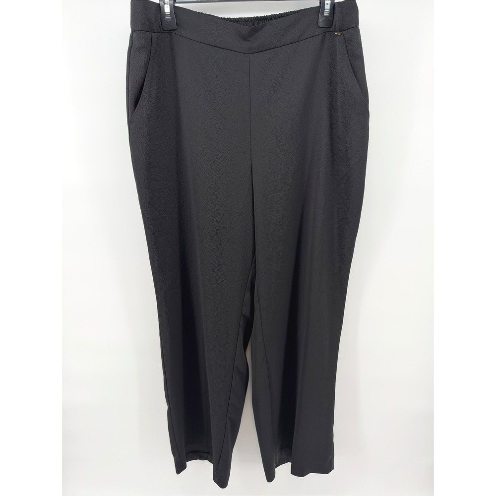 Anne Klein L Wide Leg Crepe Pull On Trousers High Waist Black Pant Quiet Luxury